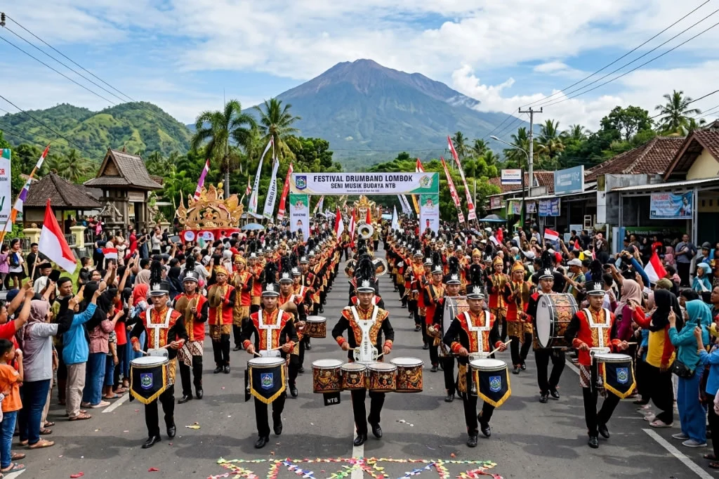 Festival Drumband Lombok di Mataram dengan topi pasukan warna hitam aksen silver.