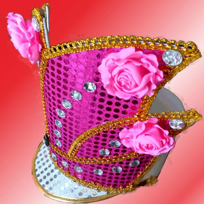 Topi mayoret drumband warna pink dengan hiasan bunga pink muda unutk putri di NTB